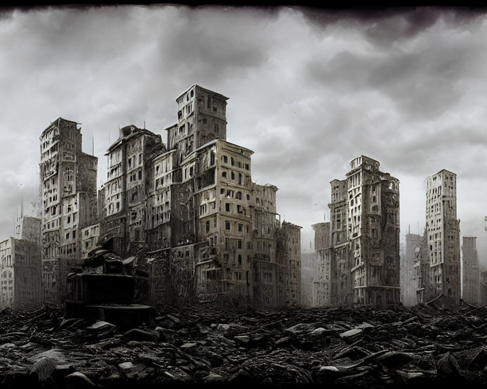 Dilapidated high-rise buildings in apocalyptic cityscape