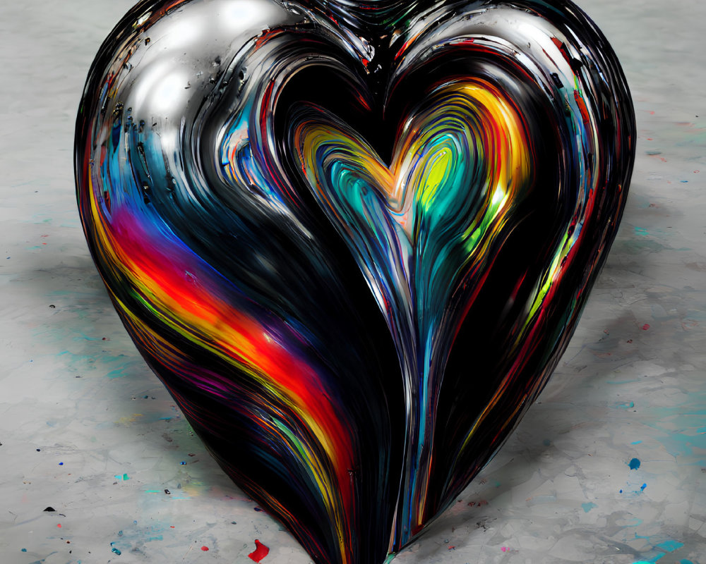 Colorful 3D heart on grey background with paint splatters