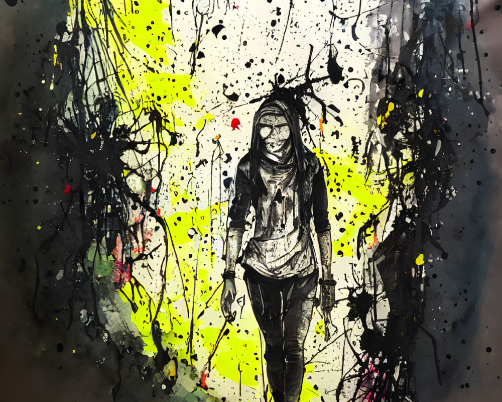 Vibrant paint splatter backdrop with person walking