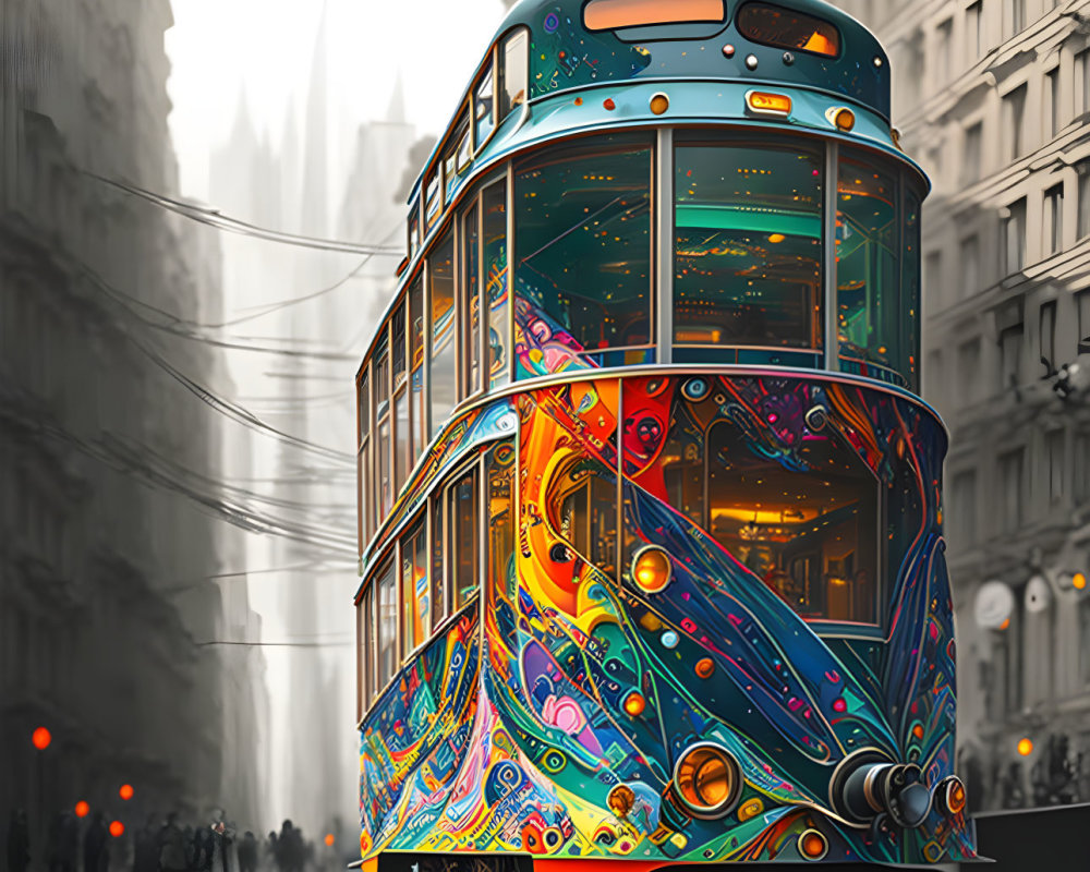 Colorful tram on wet city street with architectural details and foggy background