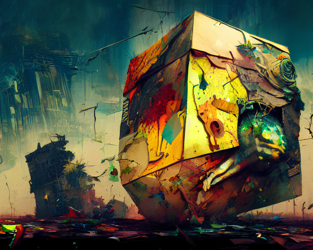 Abstract dystopian artwork: weathered cube with graffiti in desolate setting