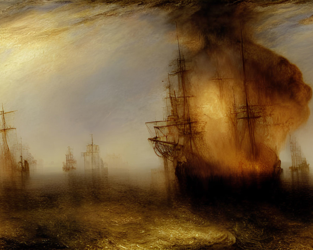 Tall ships with sails ablaze on misty golden sea