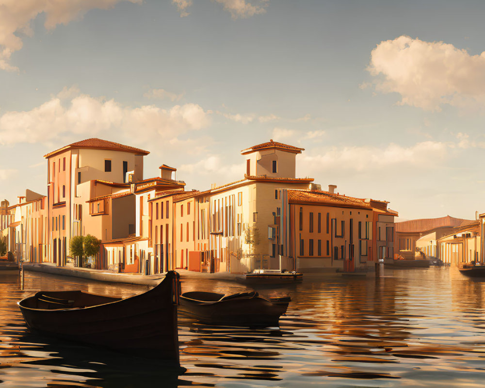 Tranquil Venetian Canal at Sunset with Moored Boats