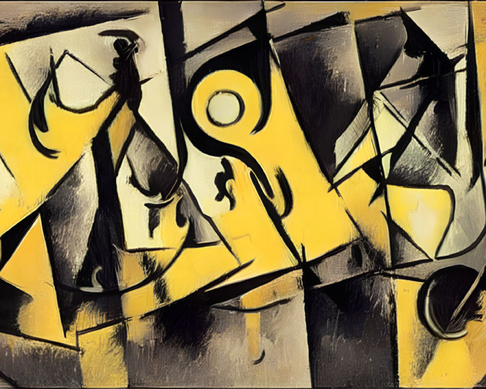 Abstract Picasso-style Painting with Disjointed Figures and Geometric Shapes in Black, Yellow, and White