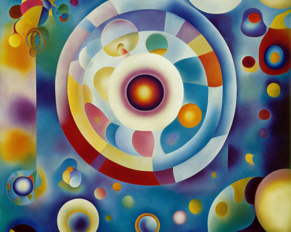 Vibrant Abstract Painting with Concentric Circles and Orbs in Blue, Yellow, and Red