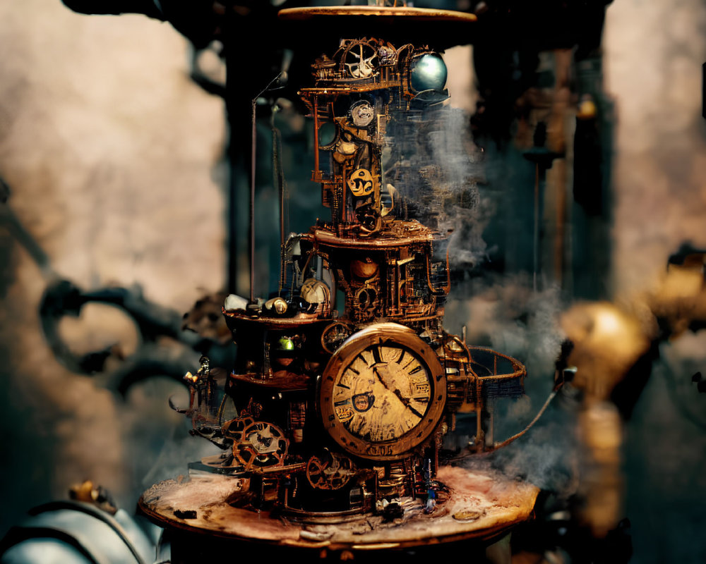 Steampunk device with gears, pipes, clock, emitting steam