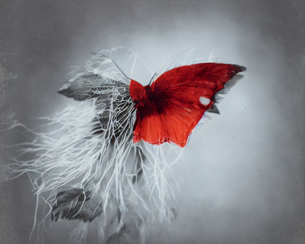 Vintage Red Butterfly on White Flower with Gray Background