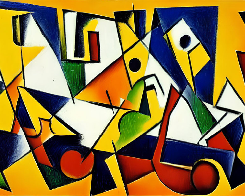 Vibrant geometric painting with yellow, blue, red, white, and black shapes