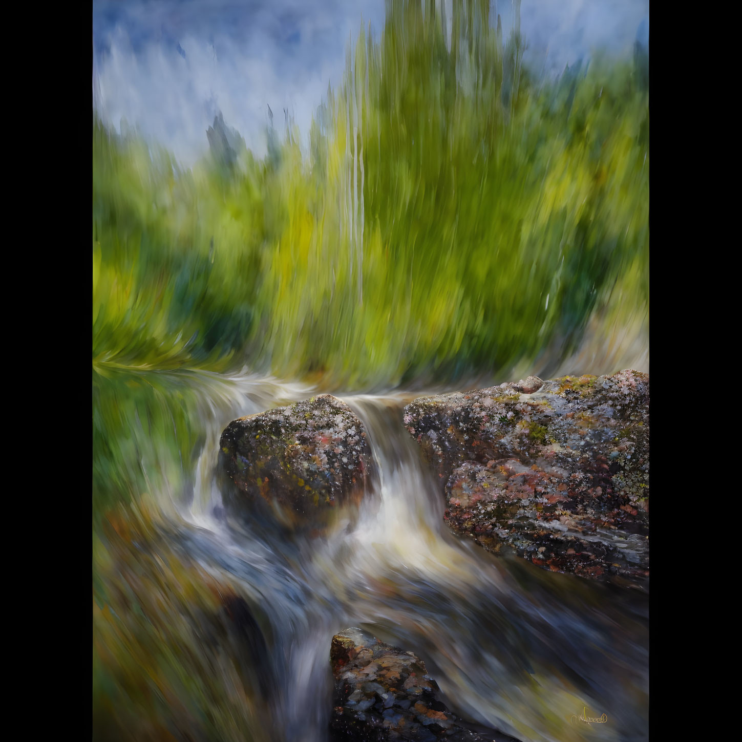 Tranquil painting of small waterfall over rocks surrounded by lush greenery