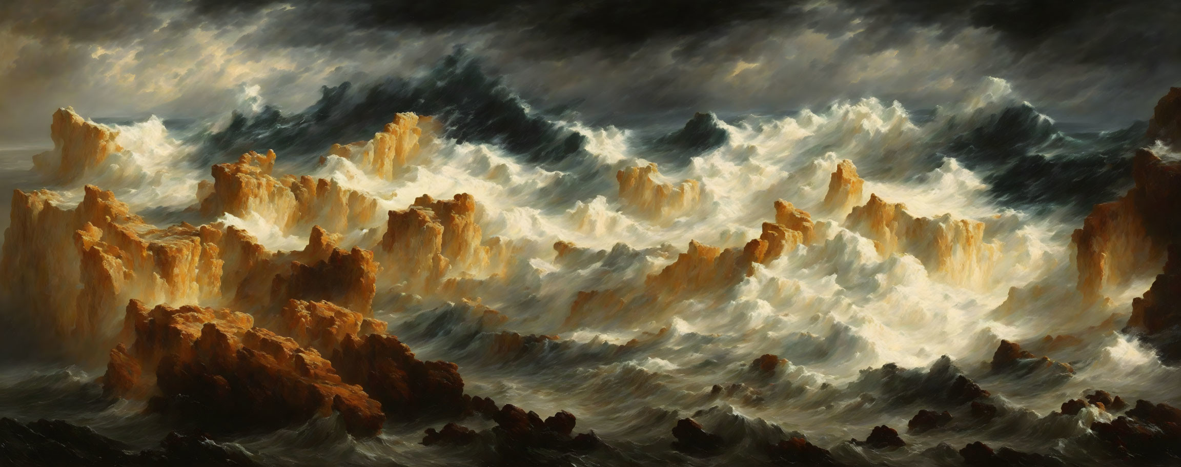 Stormy Sea Painting with Crashing Waves and Dark Sky