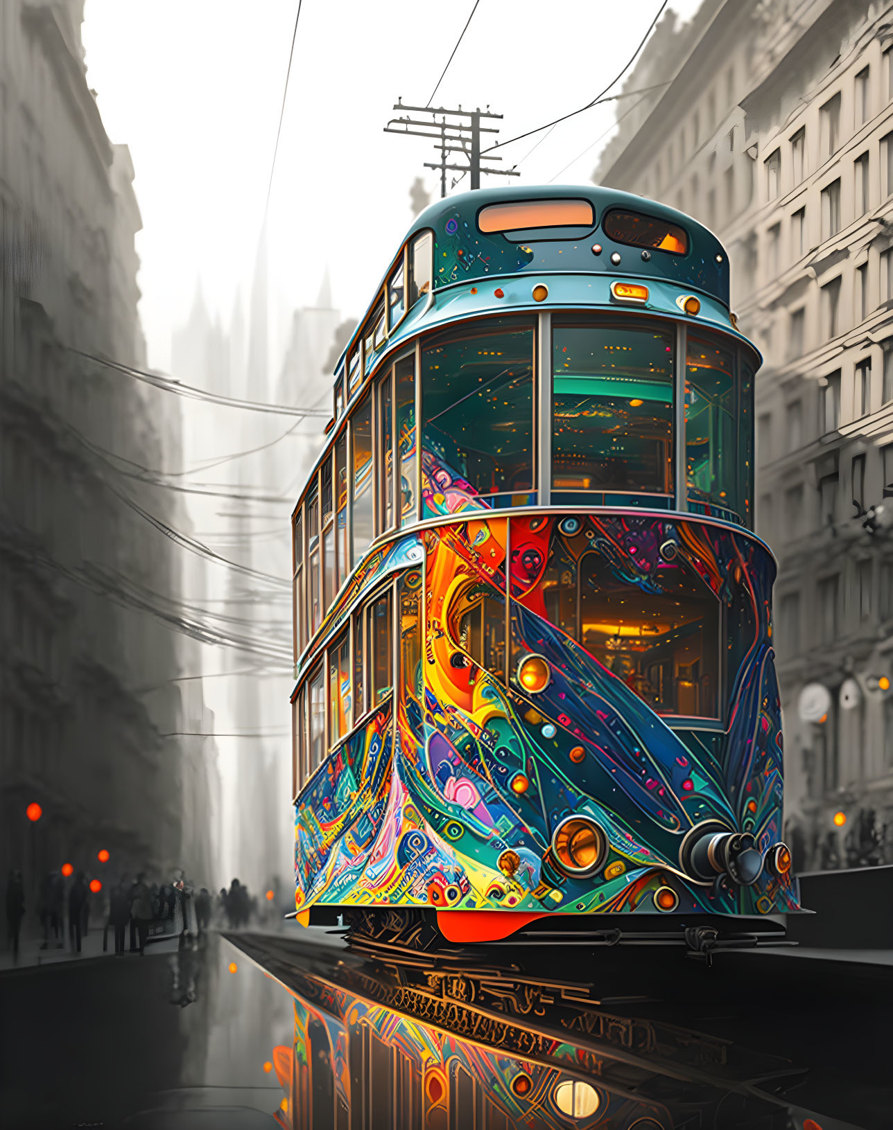 Colorful tram on wet city street with architectural details and foggy background