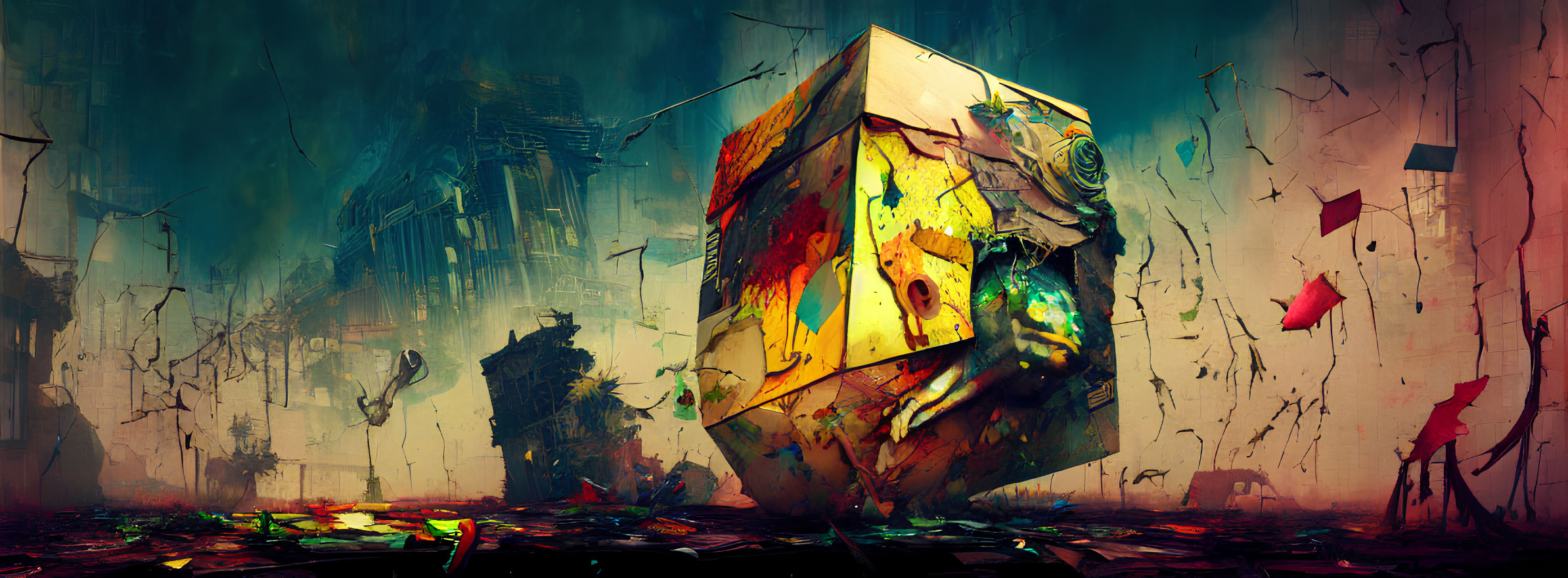 Abstract dystopian artwork: weathered cube with graffiti in desolate setting