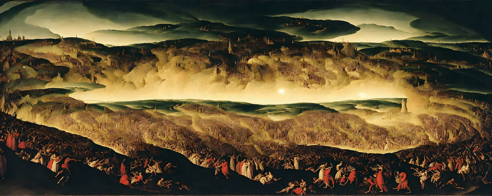 Panoramic painting depicting Hell with tortured figures in fiery landscapes.