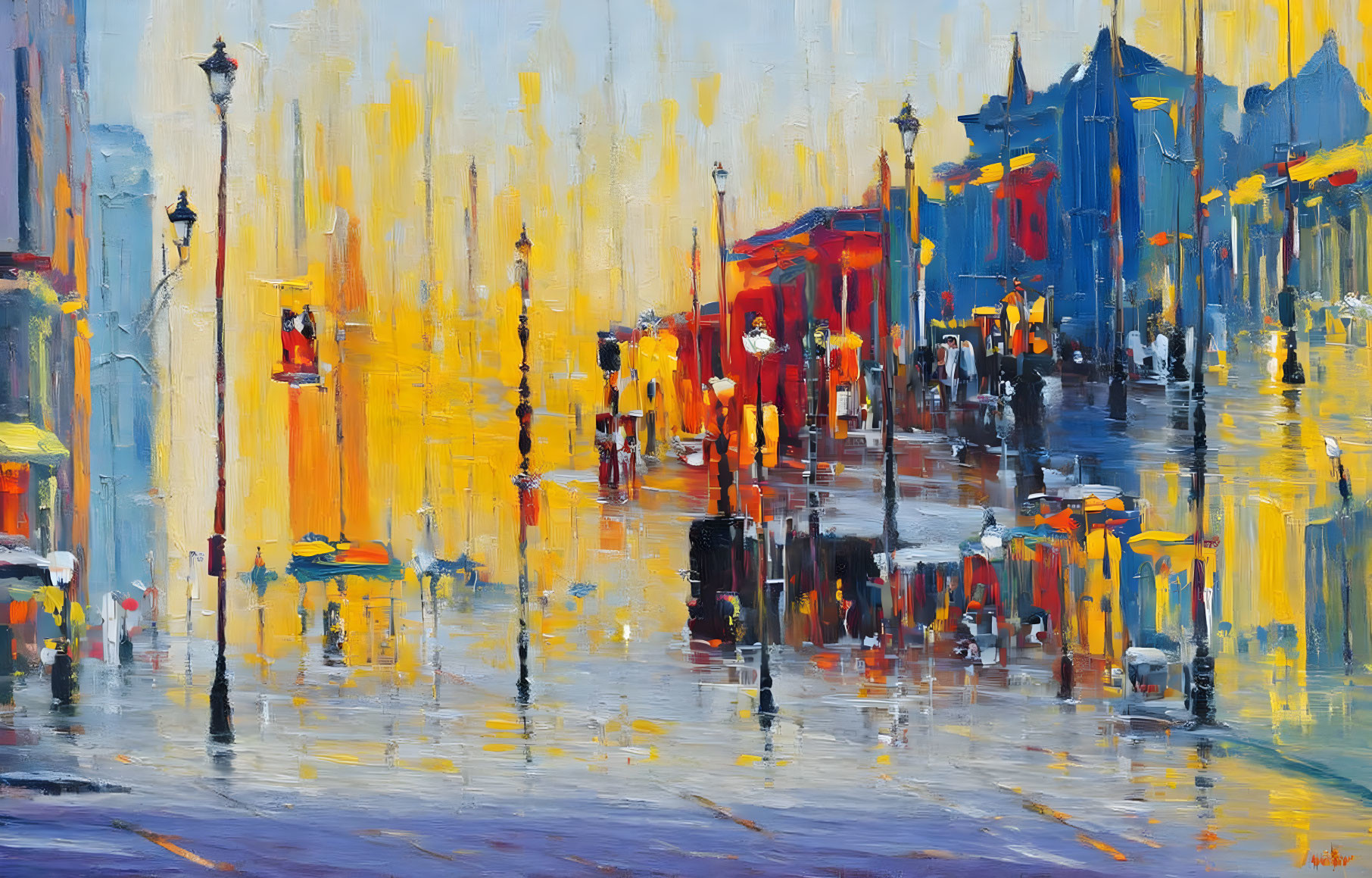 Colorful Oil Painting of Bustling Street Scene with Wet Pavement Reflections