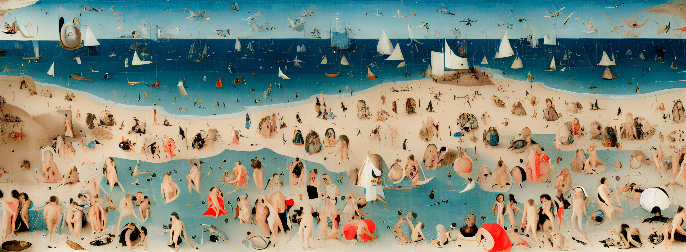 Vibrant beach scene with people sunbathing, swimming, and boating