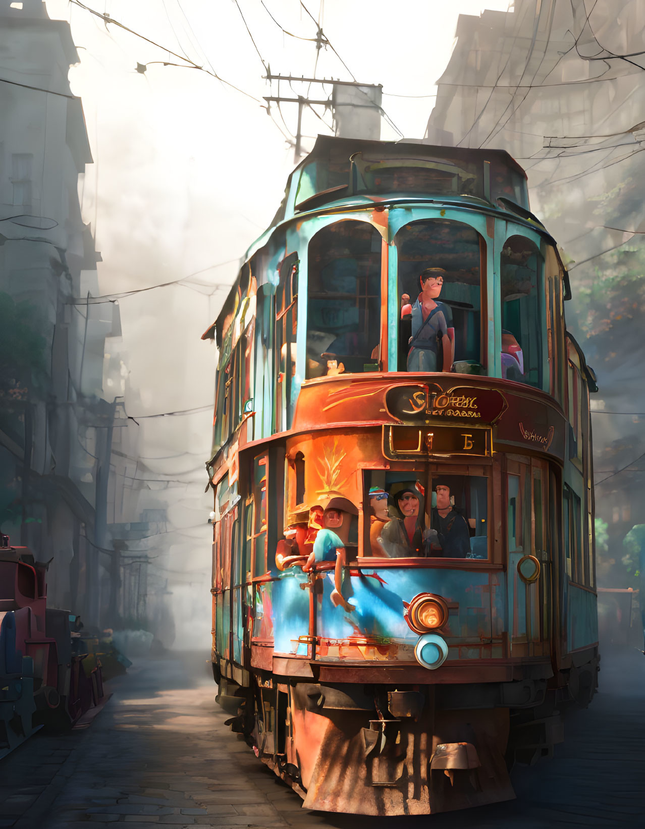 Vintage tram with passengers on misty, sunlit street