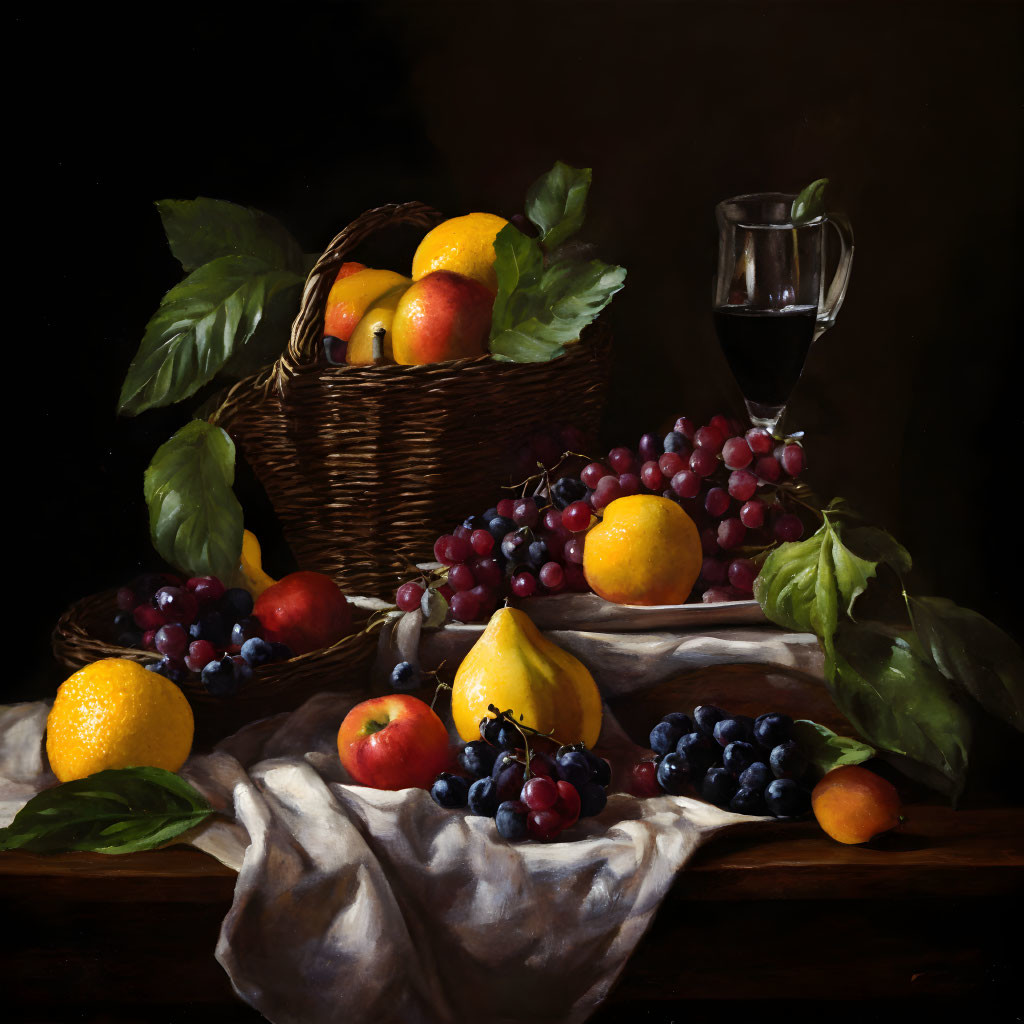 Traditional Still Life Painting with Citrus Fruits, Grapes, Leaves, and Red Wine