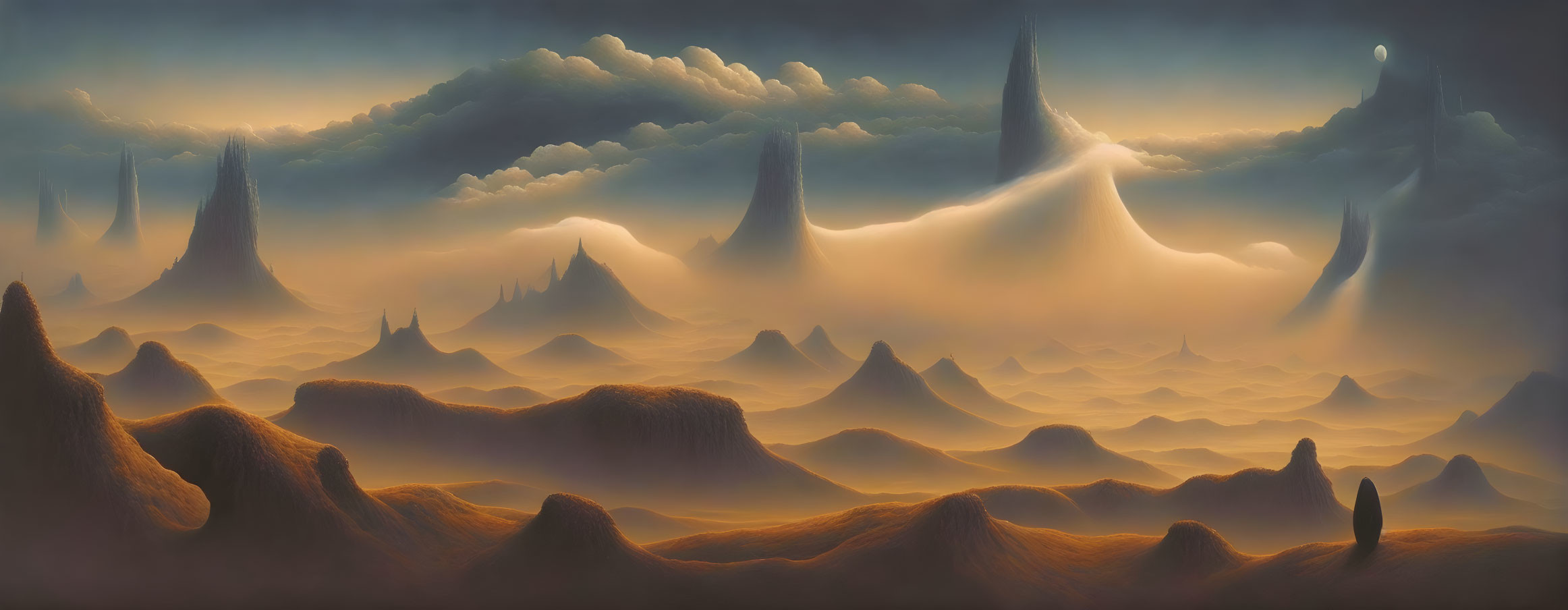 Surreal landscape: towering spires, undulating dunes, dramatic sky