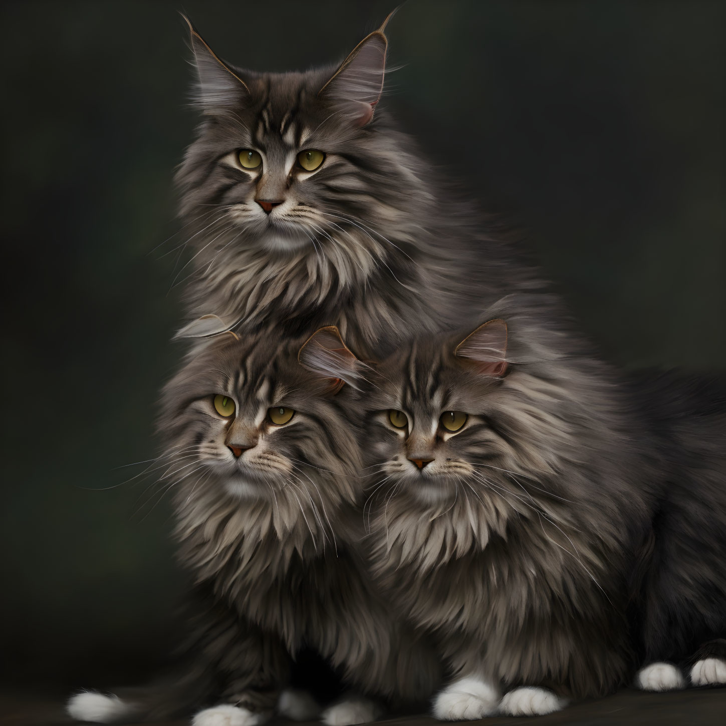 Three majestic Maine Coon cats with fluffy fur and tufted ears showcasing luxurious coats.