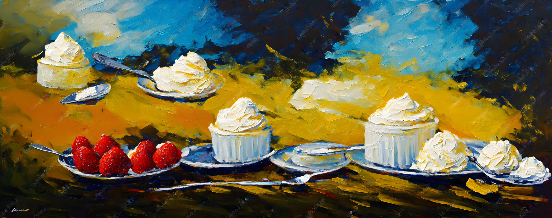 Vibrant oil painting of cupcakes, strawberries, and spoons on blue and yellow background