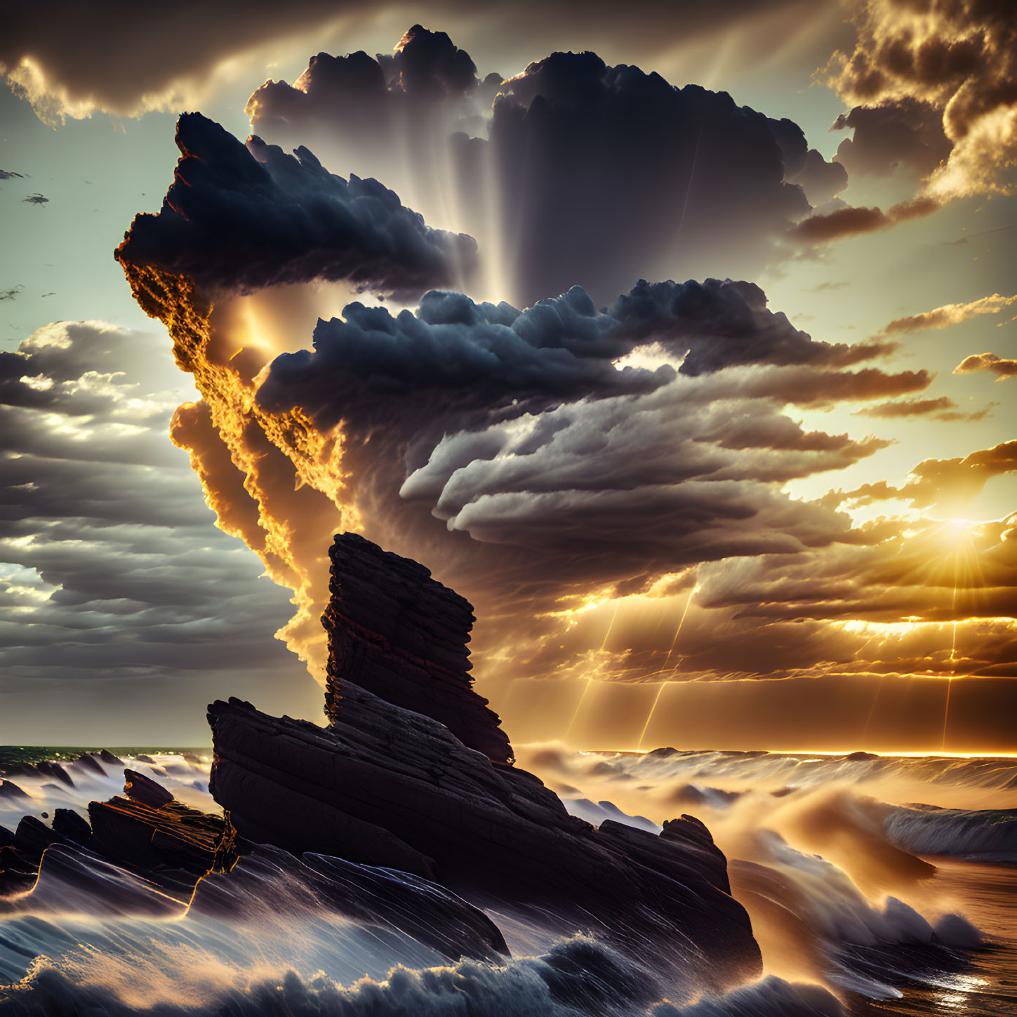 Dramatic ocean sunset with sun rays, clouds, and crashing waves