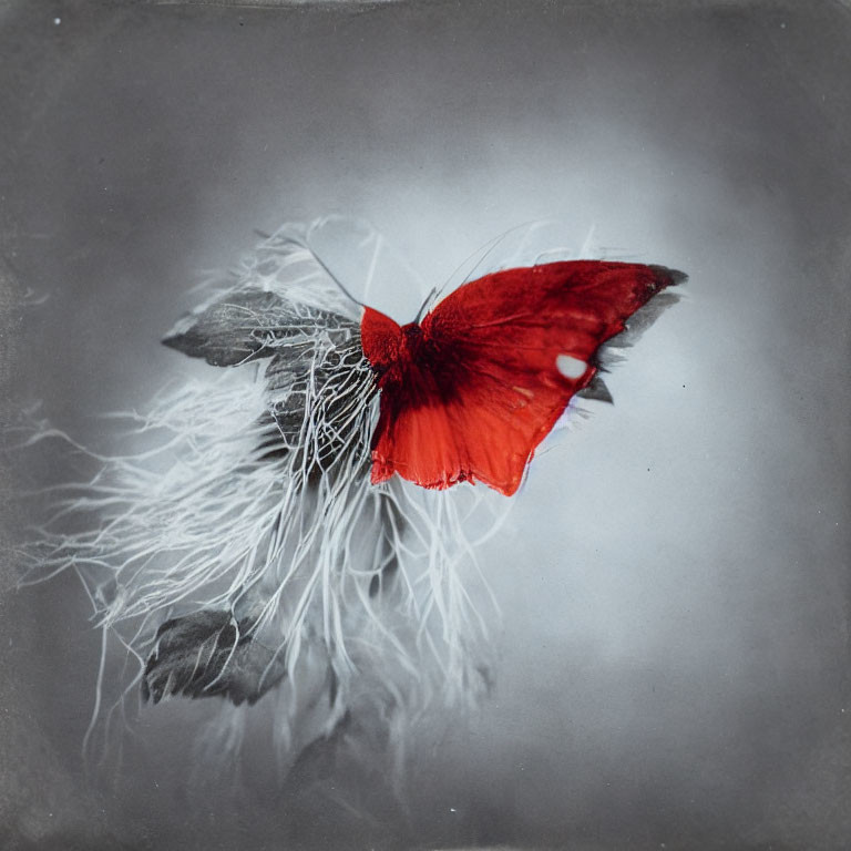 Vintage Red Butterfly on White Flower with Gray Background