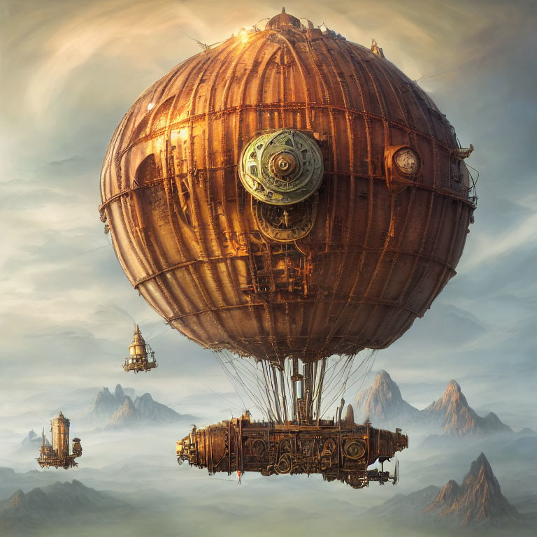 Steampunk-style airship with ornate balloon above mountain peaks