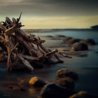 Stormy Sky Over Driftwood Pile on Rocky Shore