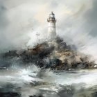 Sailboat painting in stormy sea with sunlight peeking through