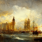 Golden-hued painting of bustling harbor with boats and dramatic sky