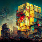 Abstract dystopian artwork: weathered cube with graffiti in desolate setting