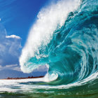 Vibrant painting of towering turquoise wave under dynamic blue sky