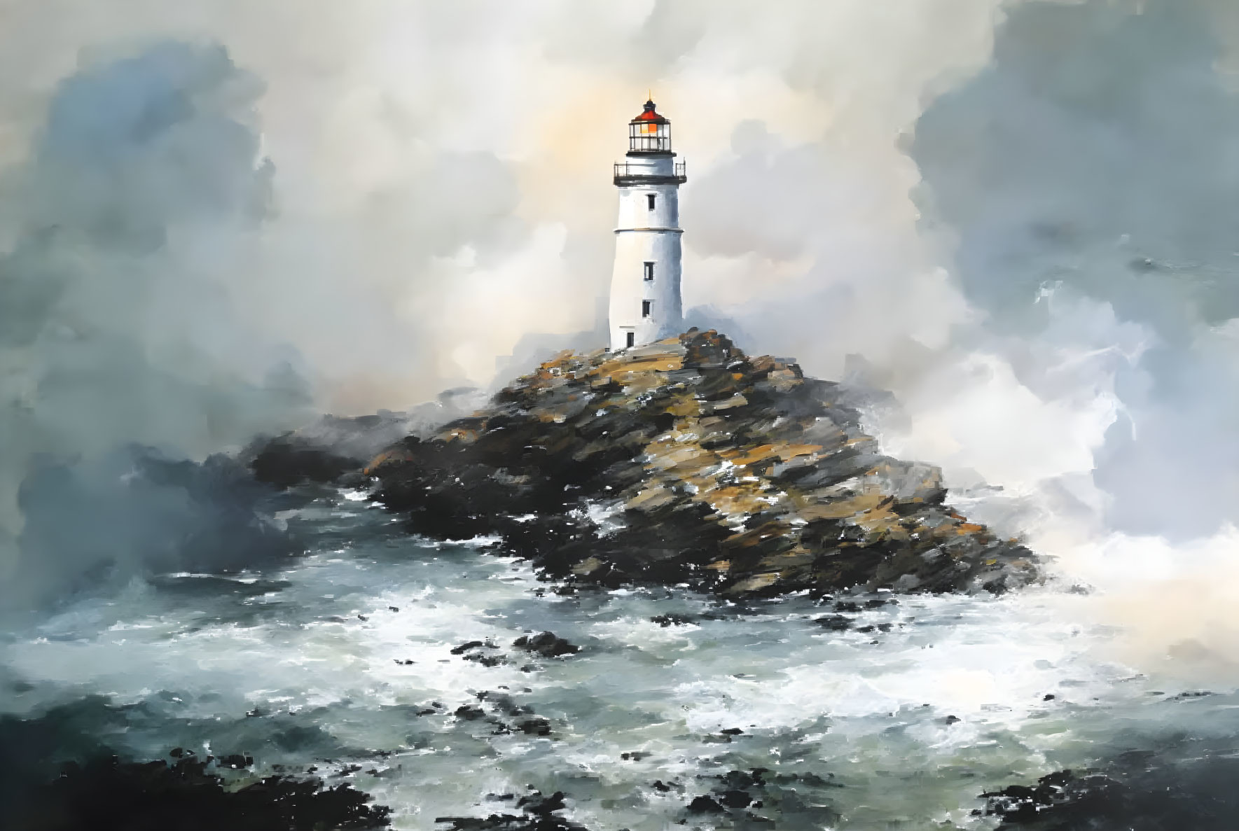 White Lighthouse with Red Top on Rocky Outcrop Amid Turbulent Sea Waves