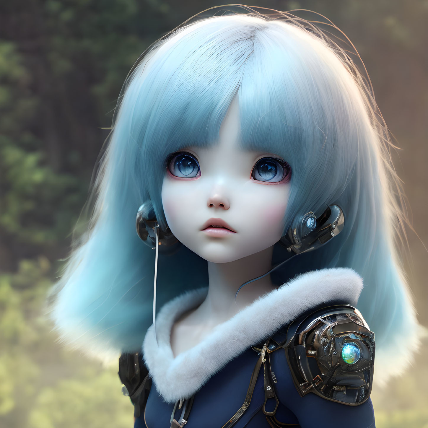 Digital artwork of girl with blue eyes and blue hair in futuristic attire against forest backdrop