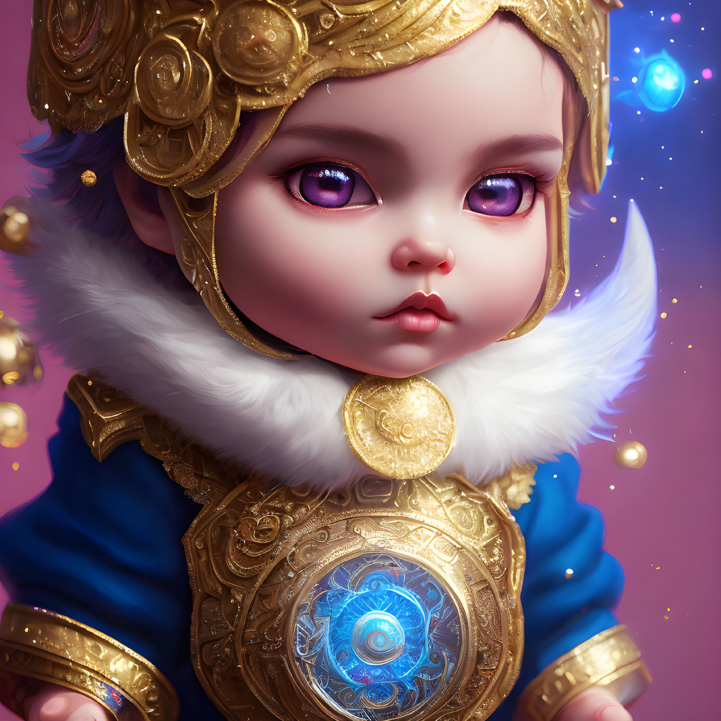 Baby with Purple Eyes in Golden Helmet and Armor with Blue Symbol