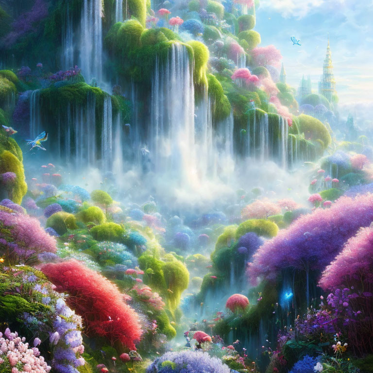 Fantasy landscape with waterfalls, colorful foliage, birds, and distant castle