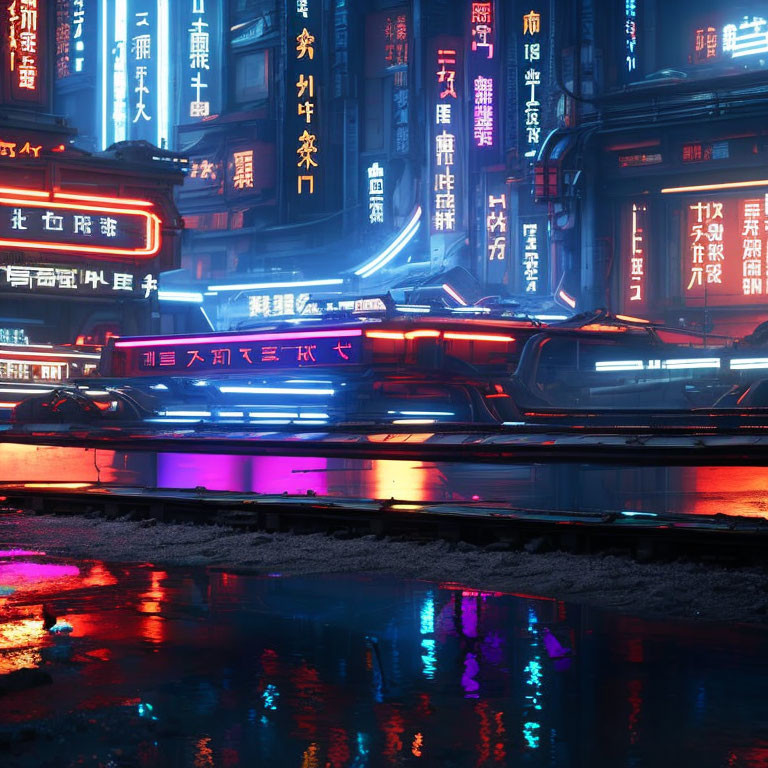 Futuristic neon-lit cityscape with glowing signs and floating vehicle at night