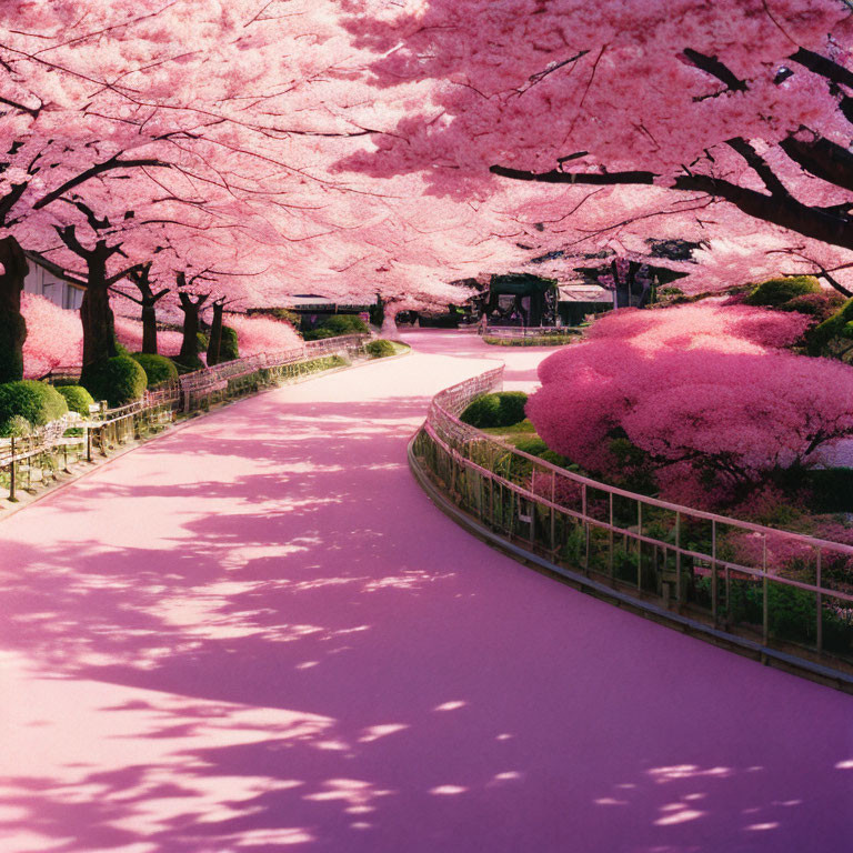 Pink cherry blossoms line a paved walkway under dappled sunlight