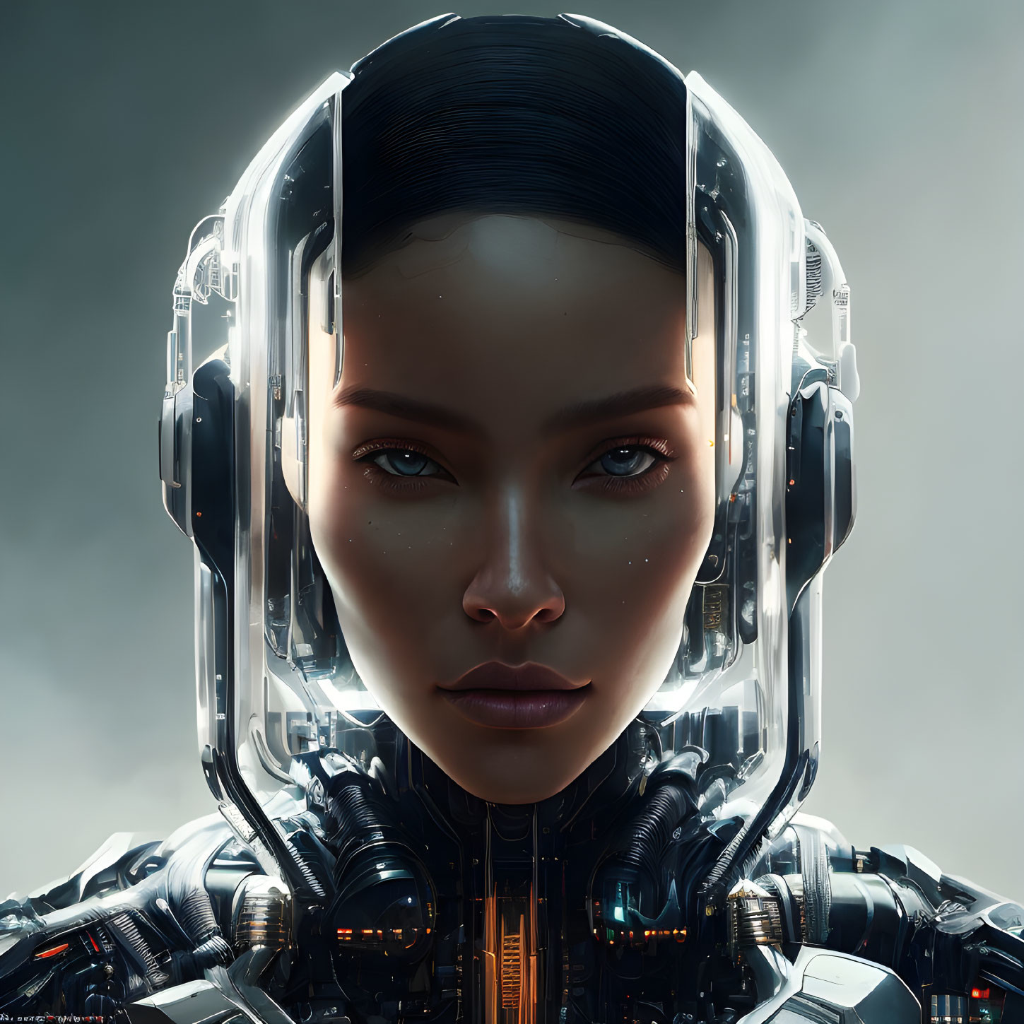 Detailed close-up of female android with realistic face and transparent headgear.