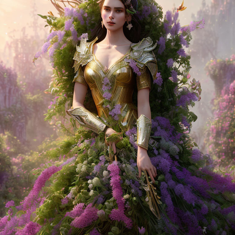 Golden armored woman surrounded by purple flowers in fantasy setting