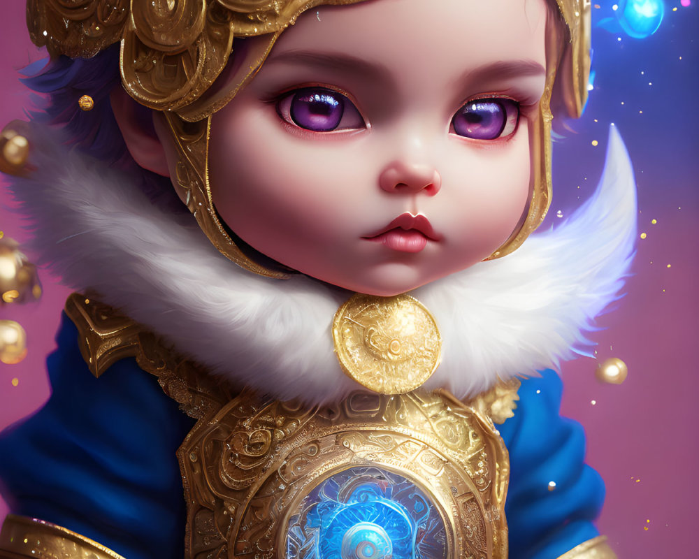 Baby with Purple Eyes in Golden Helmet and Armor with Blue Symbol