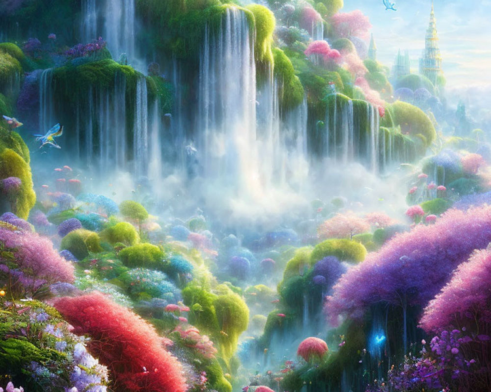 Fantasy landscape with waterfalls, colorful foliage, birds, and distant castle