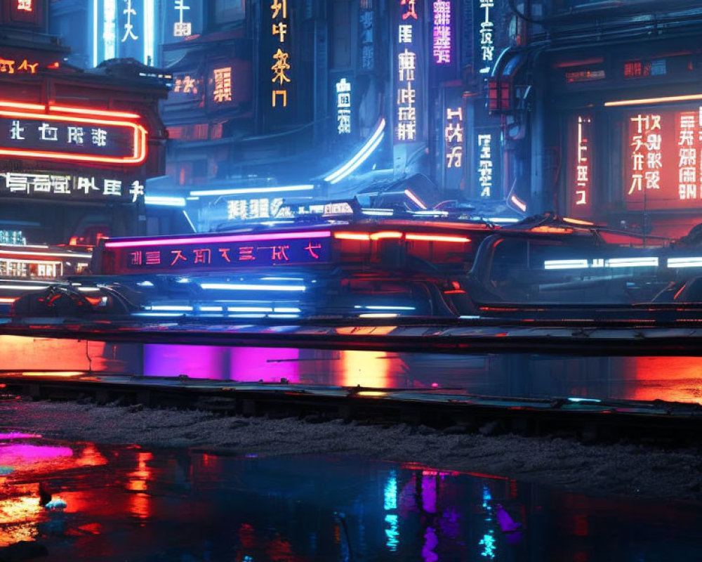 Futuristic neon-lit cityscape with glowing signs and floating vehicle at night