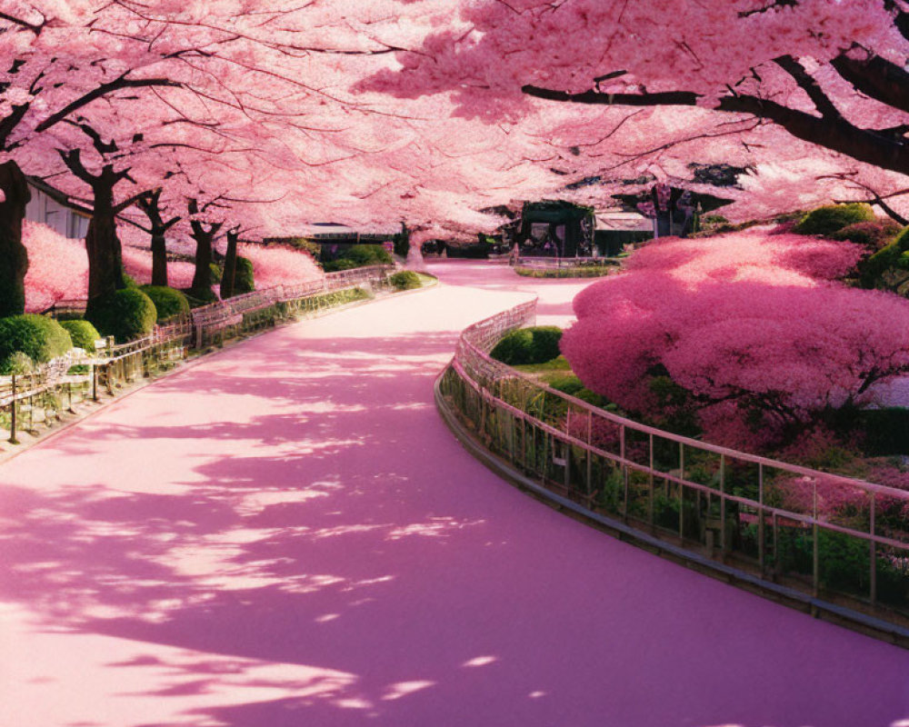 Pink cherry blossoms line a paved walkway under dappled sunlight