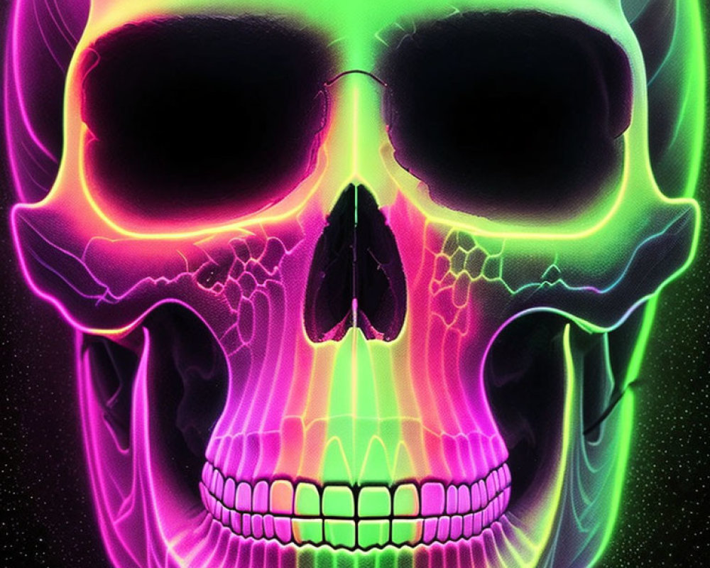 Colorful Neon Skull on Starry Background with Pink, Yellow, Green, and Purple Hues