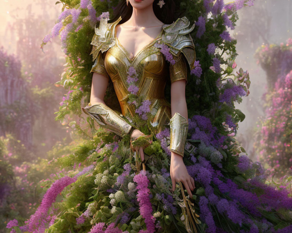 Golden armored woman surrounded by purple flowers in fantasy setting