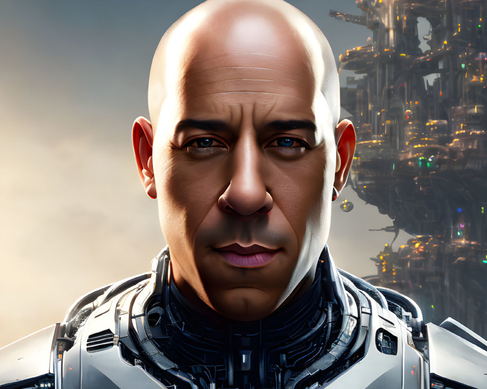 Bald character in futuristic armor against sci-fi city backdrop