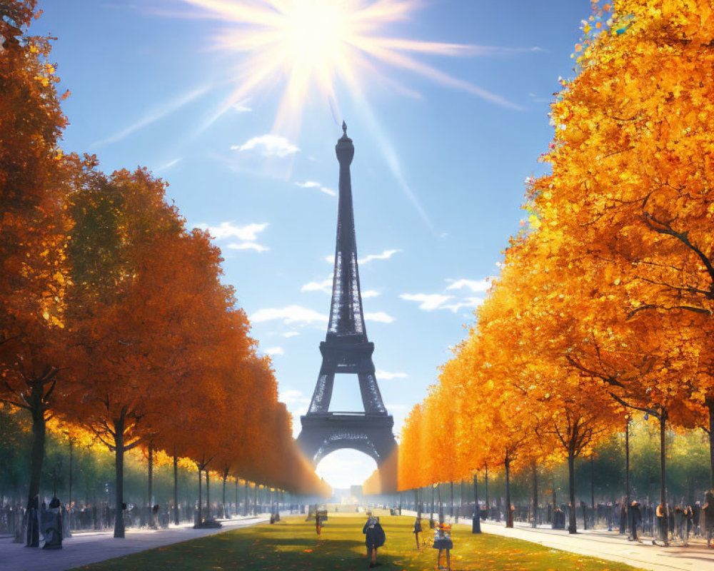 Paris Autumn Landscape: Eiffel Tower, Golden Trees, Sunburst Sky, People Strolling