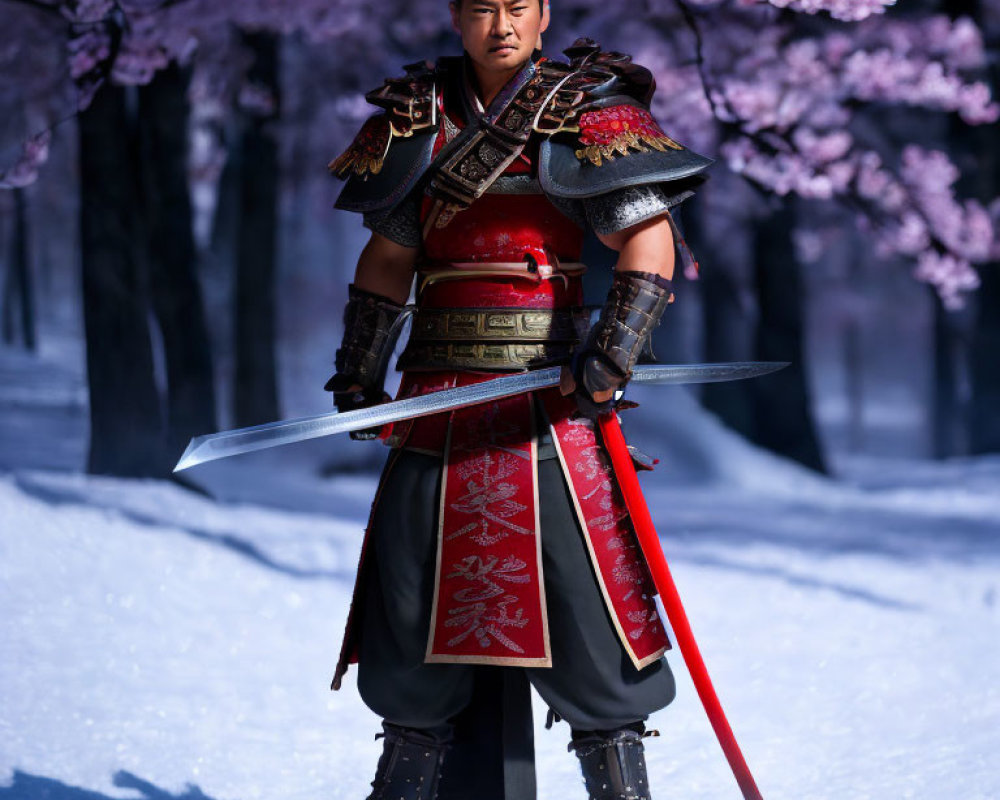 Traditional samurai armor with sword in cherry blossom snowscape