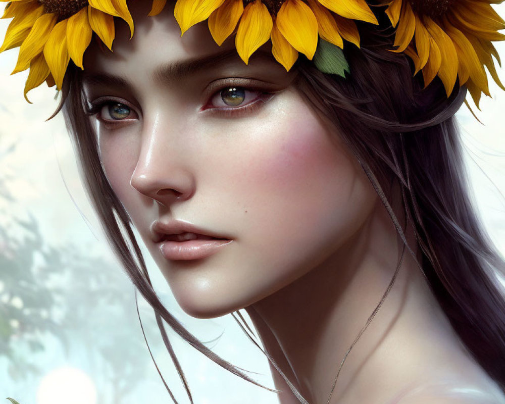 Detailed digital portrait of woman with sunflower crown in serene setting